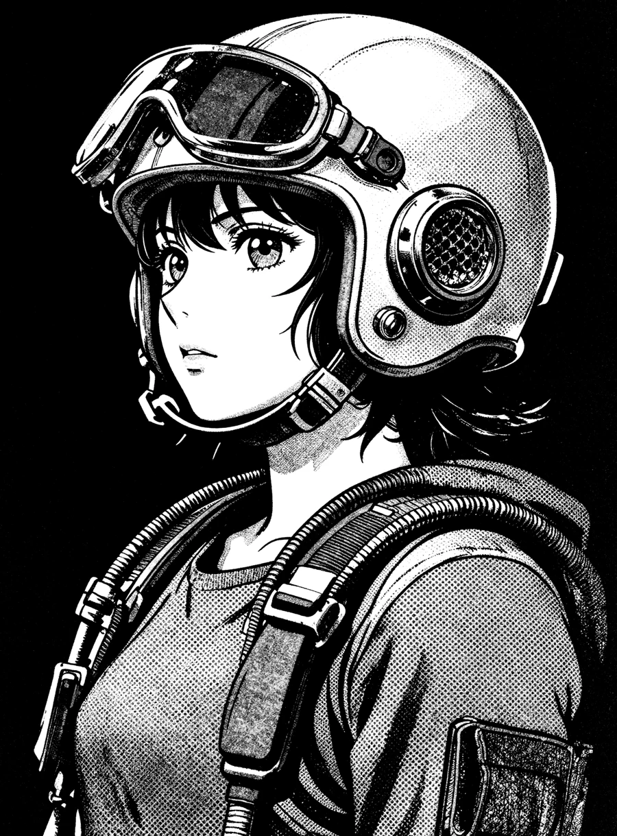 Ink illustration of a figure in a visored flight helmet, reproduced as a halftone screen